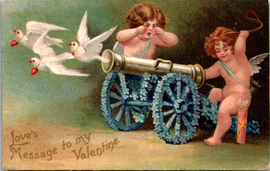 Valentine's Day Postcard Cherub Cupids Shooting White Doves Out of Cannon