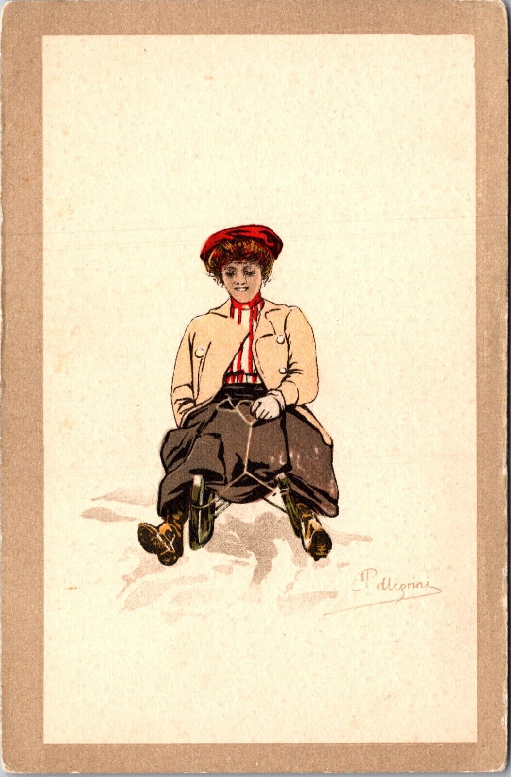 Artist Postcard Woman Sledding Down Snowy Hill