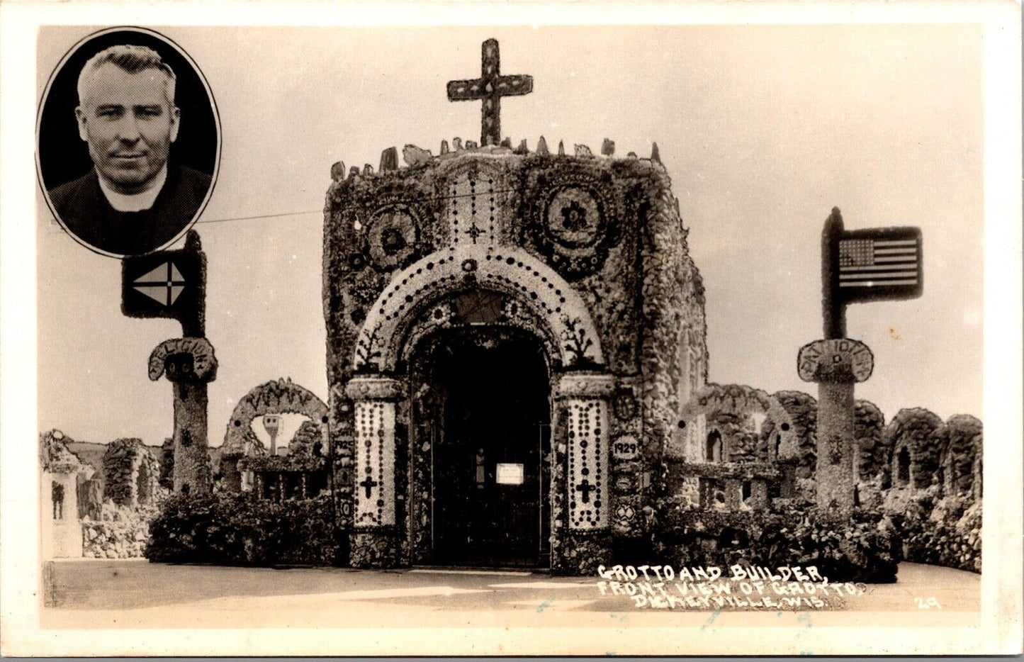 RPPC Front View of Grotto and Builder in Dickeyville, Wisconsin~134774