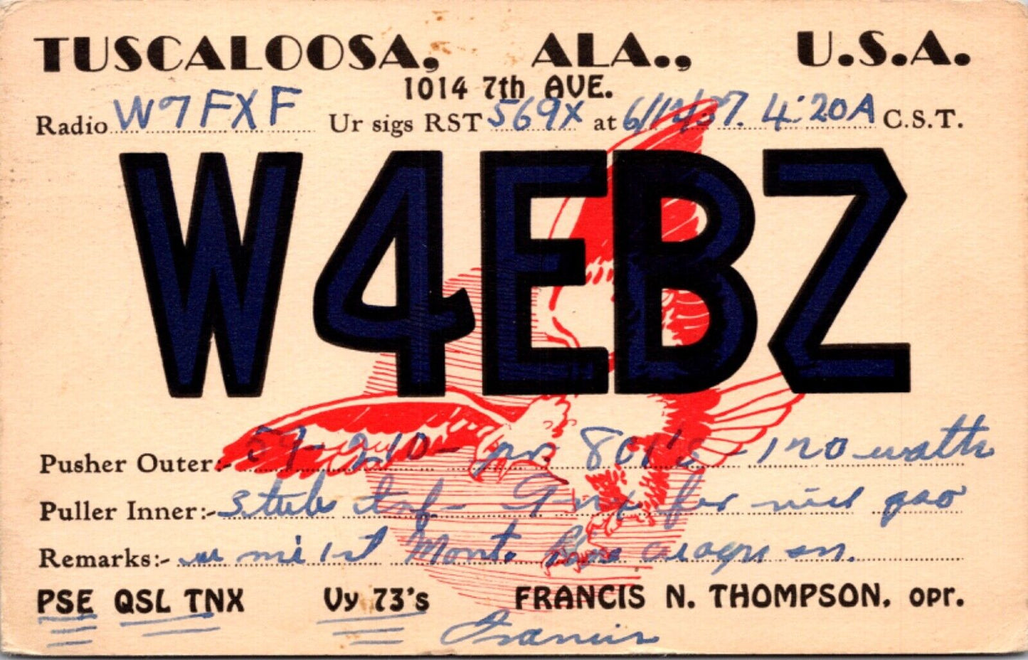 1937 Postcard Ham Radio QSL Call Card Tuscaloosa Alabama W7FXF W4EBZ