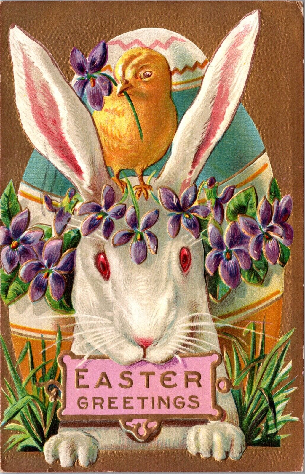 Easter Greetings Postcard White Bunny Rabbit Purple Flowers Decorated Egg Chick