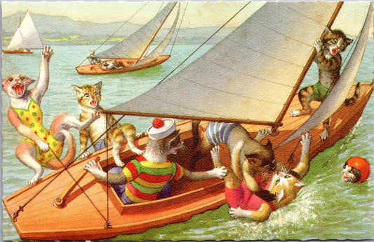 Alfred Mainzer Postcard Dressed Cats Kittens Fighting Overboard Sailboat Water