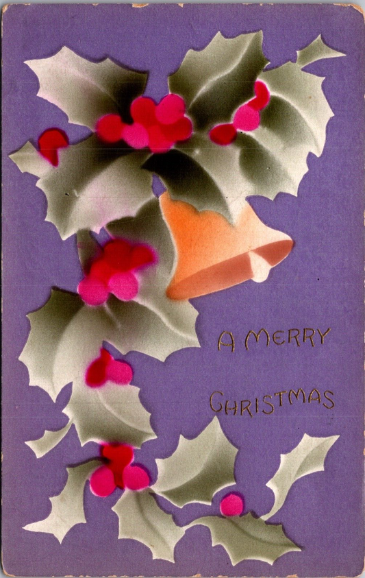 Airbrushed Hand Colored Christmas Postcard Holly and Gold Bell