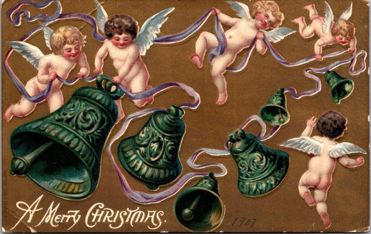 Christmas Postcard Cherub Angels Flying Around Ringing Green Bells