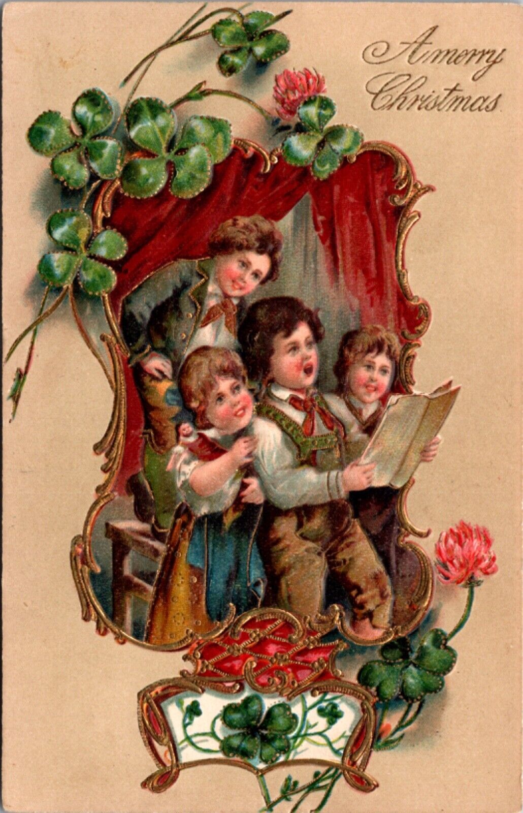 Christmas Postcard Children Singing Four Leaf Clover Shamrock Flowers Doll