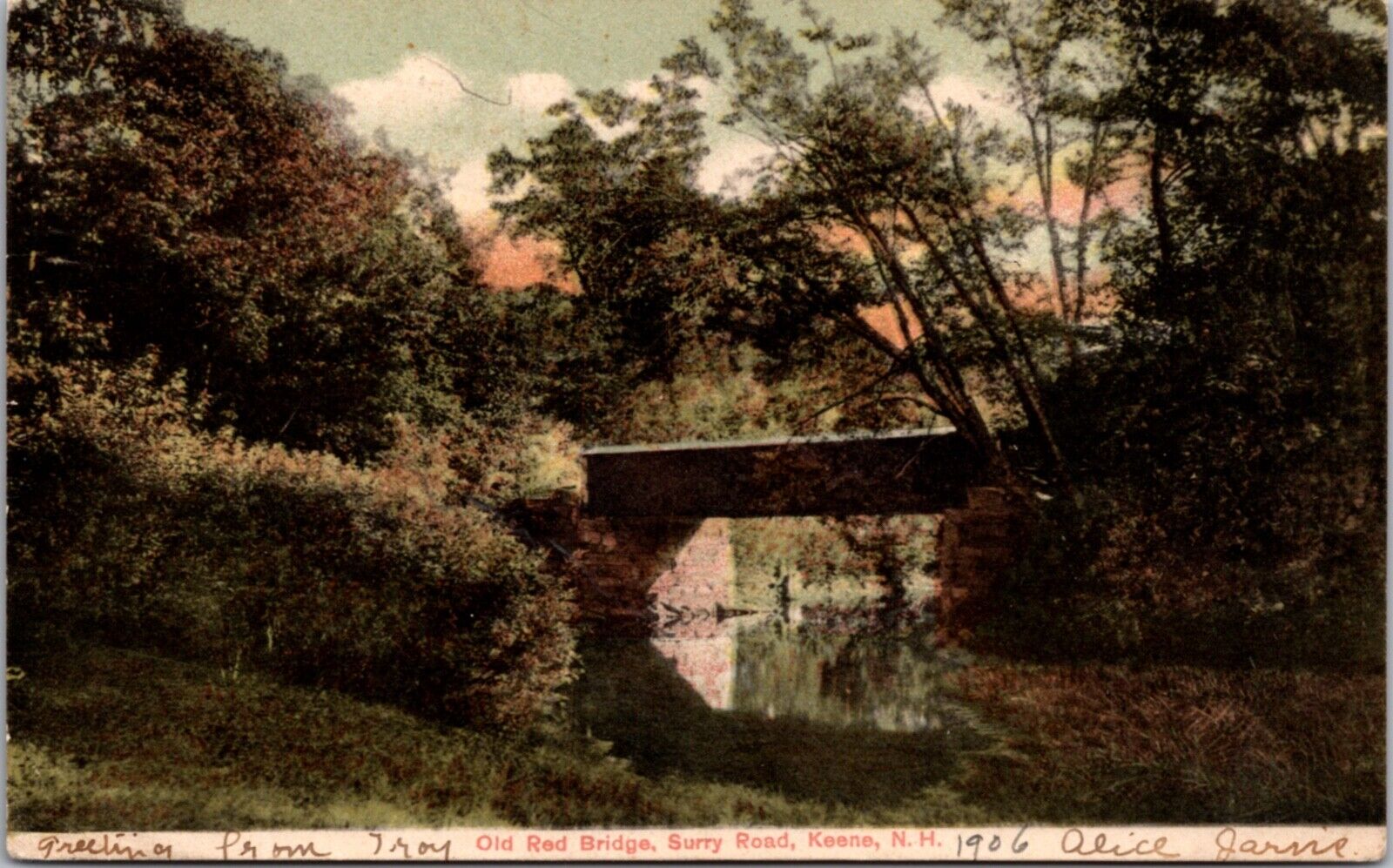 1906 Postcard Old Red Covered Bridge, Surry Road in Keene, New Hampshire