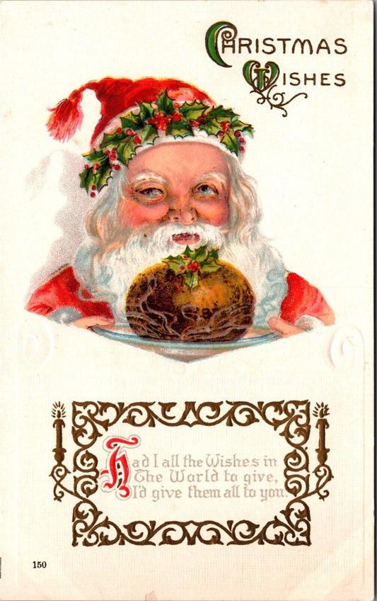 Christmas Postcard Santa Claus Wearing Holly Crown Holding Pudding Ball