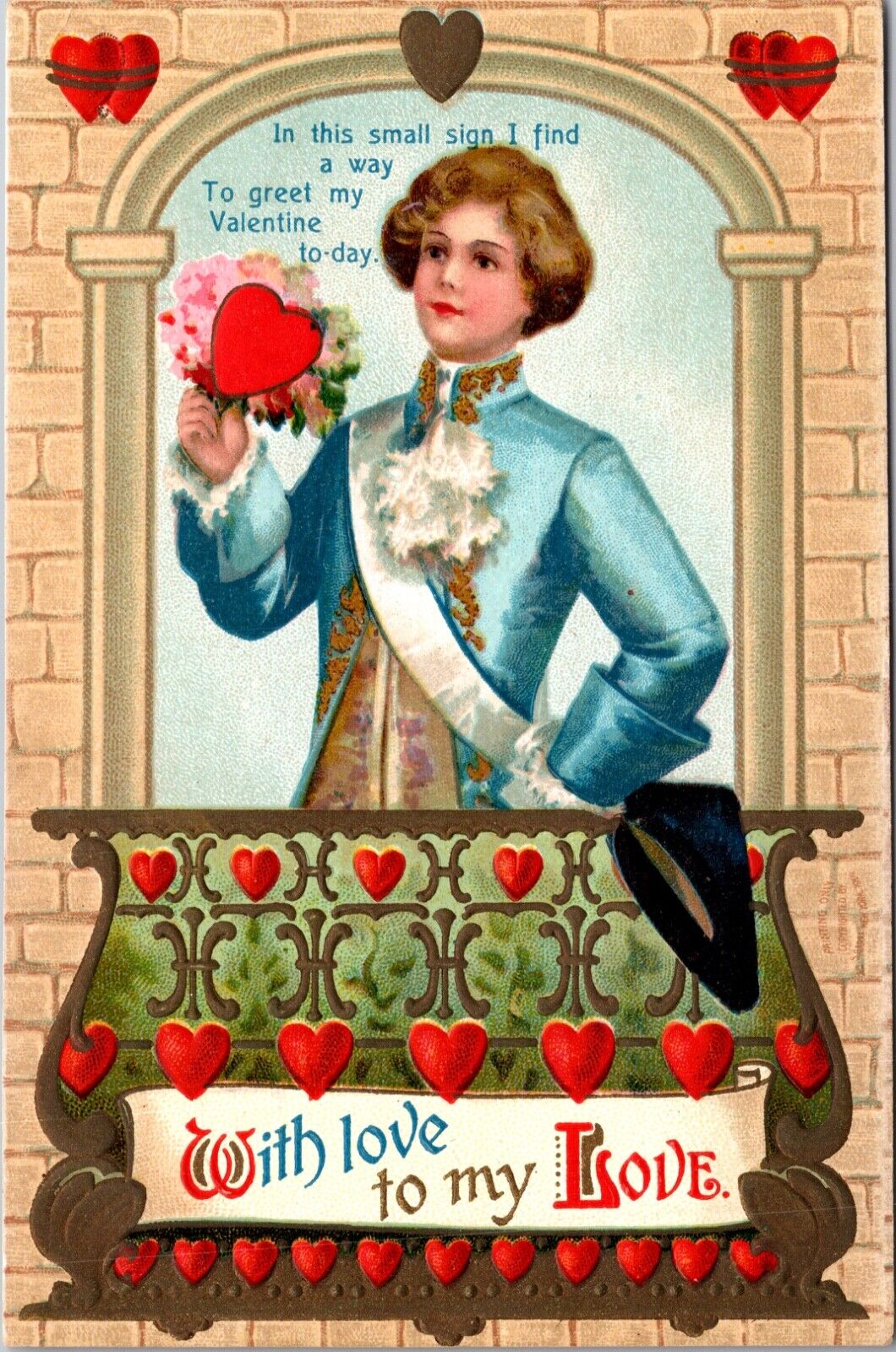 Valentine Postcard Young Boy Dressed like a Prince on Balcony Hearts and Flowers