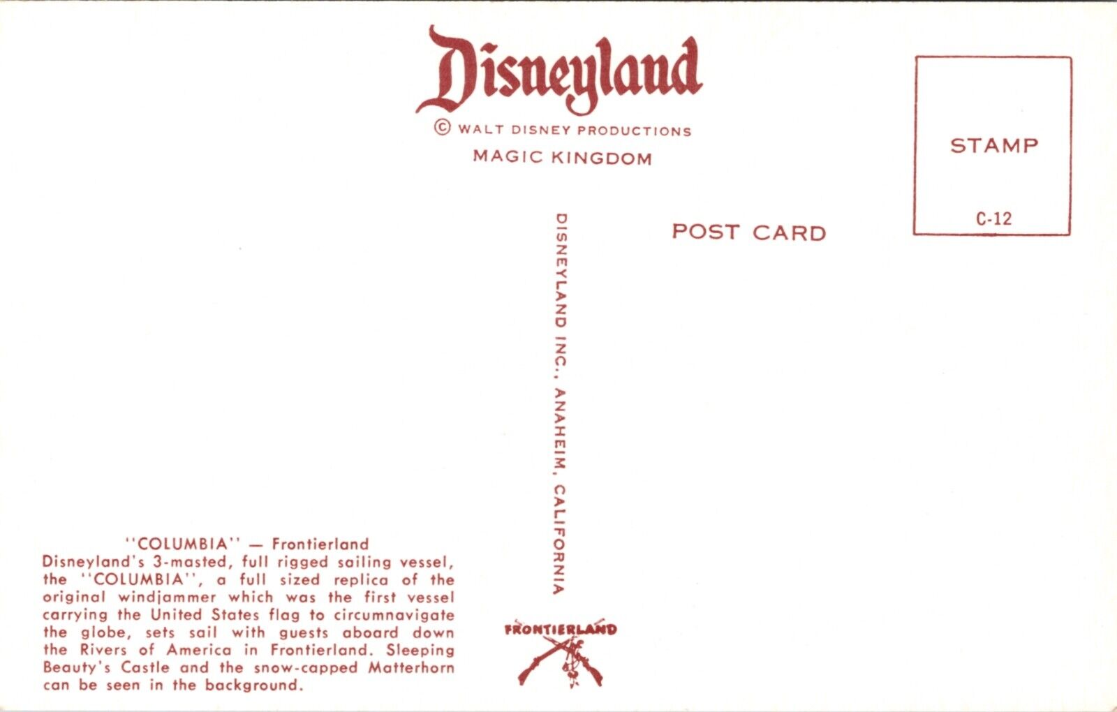 Disneyland Postcard Columbia 3-Masted Sailing Ship in Frontierland