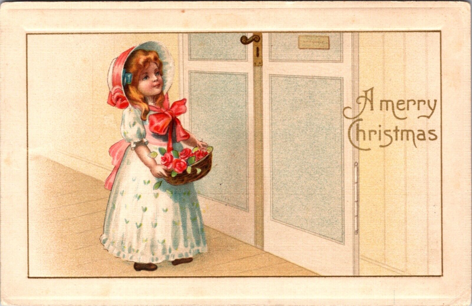 Christmas Postcard Little Girl with a Basket of Pink Flowers