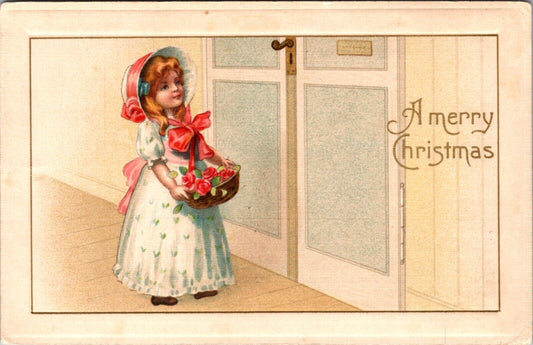 Christmas Postcard Little Girl with a Basket of Pink Flowers