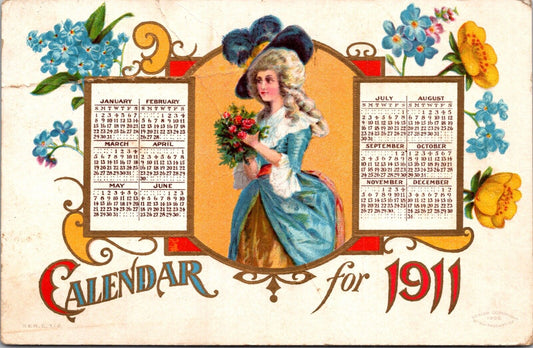 1911 Calendar Postcard Victorian Woman and Flowers