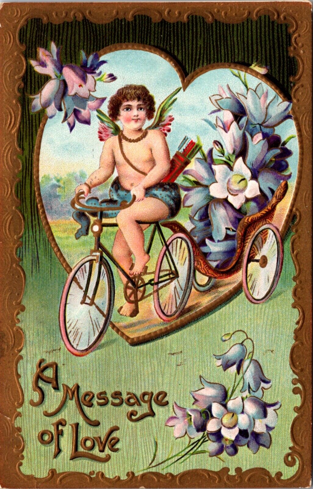 Valentine's Day PC Cherub Cupid Angel Riding Bicycle Pulling Cart of Flowers