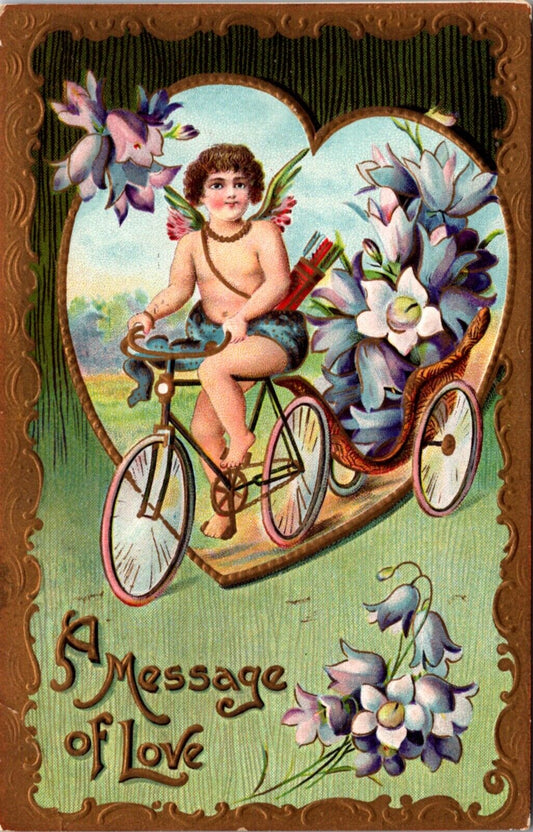 Valentine's Day PC Cherub Cupid Angel Riding Bicycle Pulling Cart of Flowers