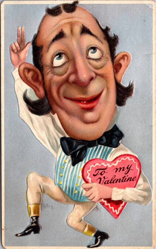 Valentine's Day Postcard Goofy Large Headed Man Carrying a Heart