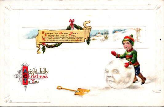 Christmas Postcard Boy Making Fantasy Full Moon Face Snowball Snowman Head