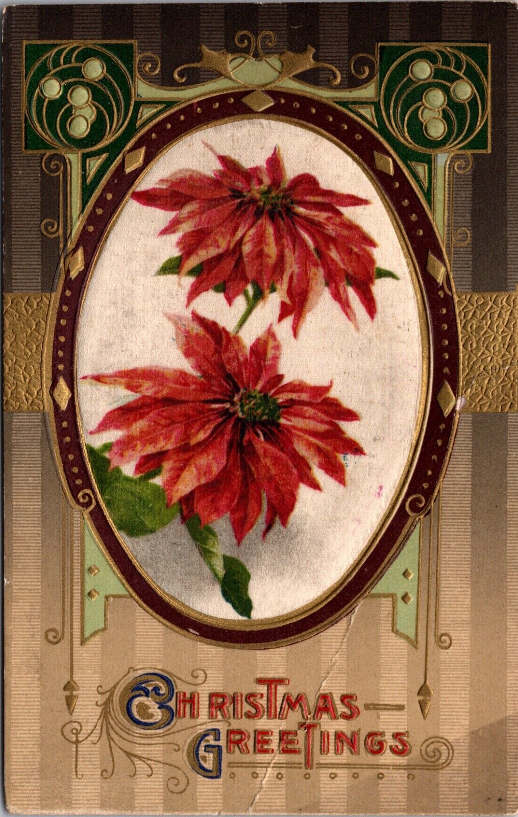 Silk Christmas Greetings Postcard Poinsettia