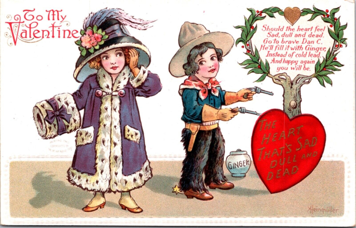 Valentine Postcard Boy Dressed as Cowboy Girl Wearing Fur Coat Hat Ginger