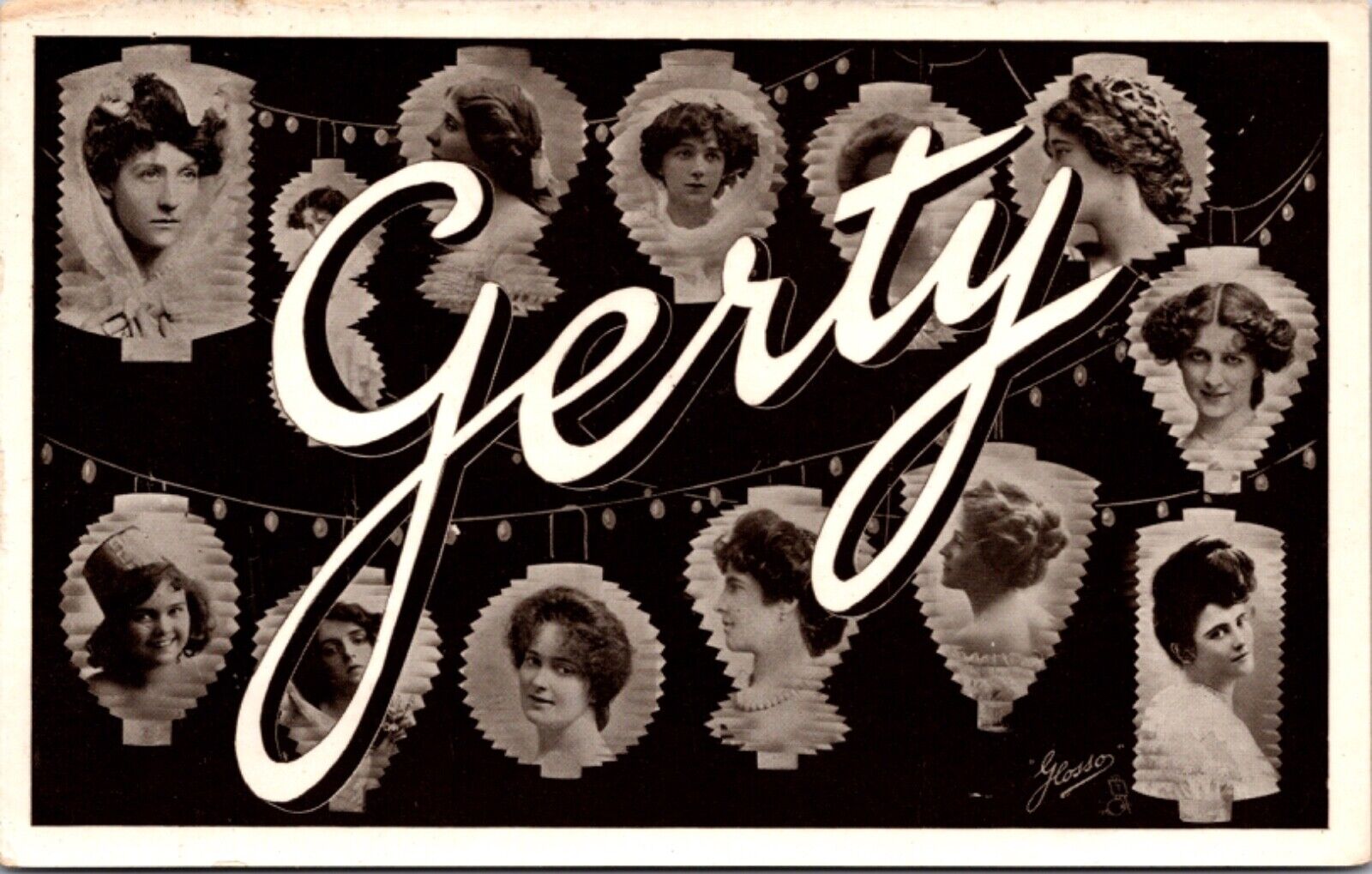 RPPC Large Letter Greetings of the Name Gerty Women's Faces Chinese Lanterns