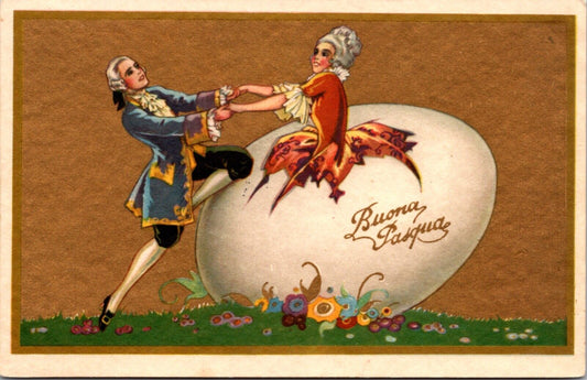 Easter Postcard Buona Pasqua Victorian Man Pulling Woman From Broken Eggshell