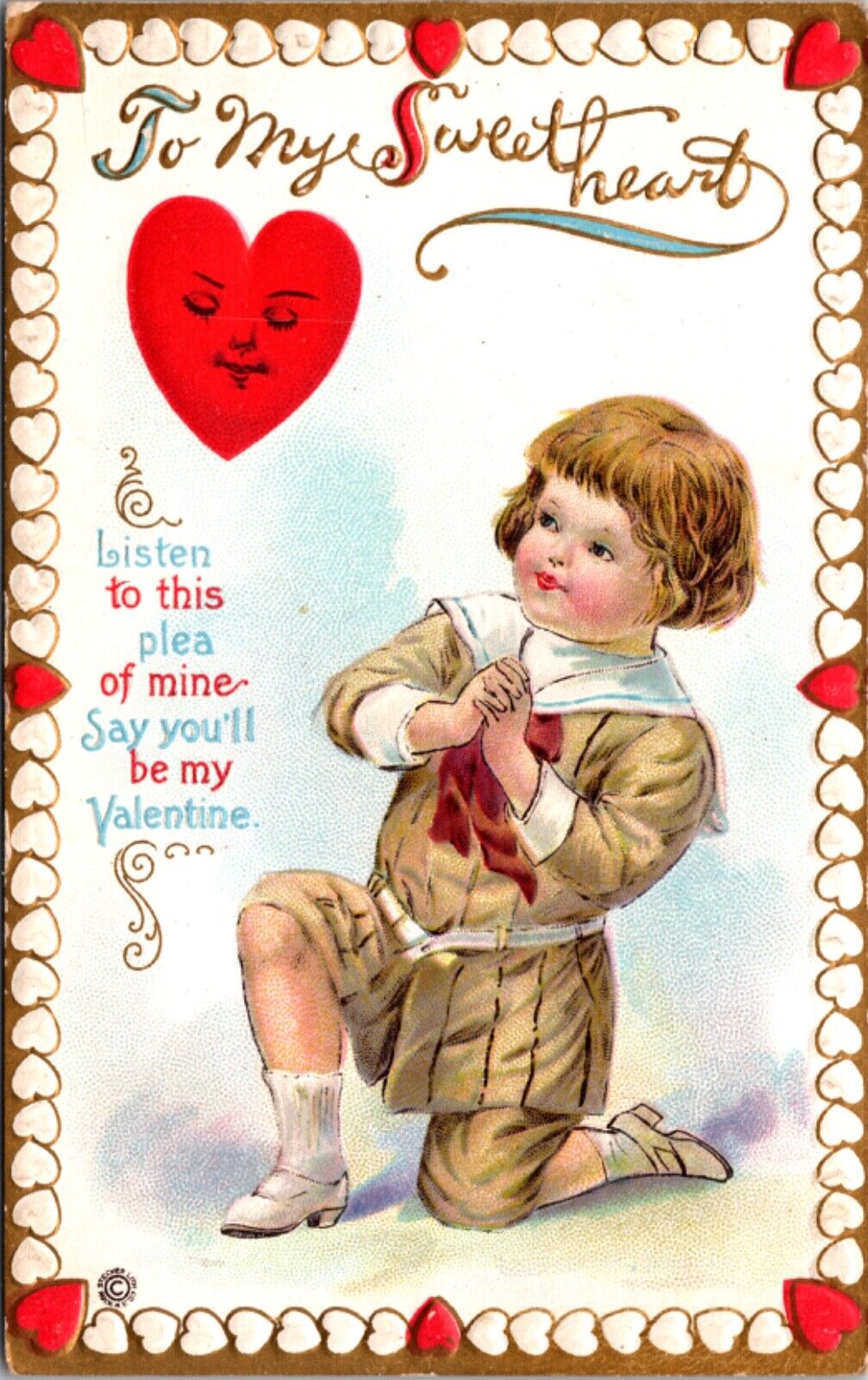 Valentine Postcard Little Boy on his Knee Fantasy Heart with a Face Plea Be Mine