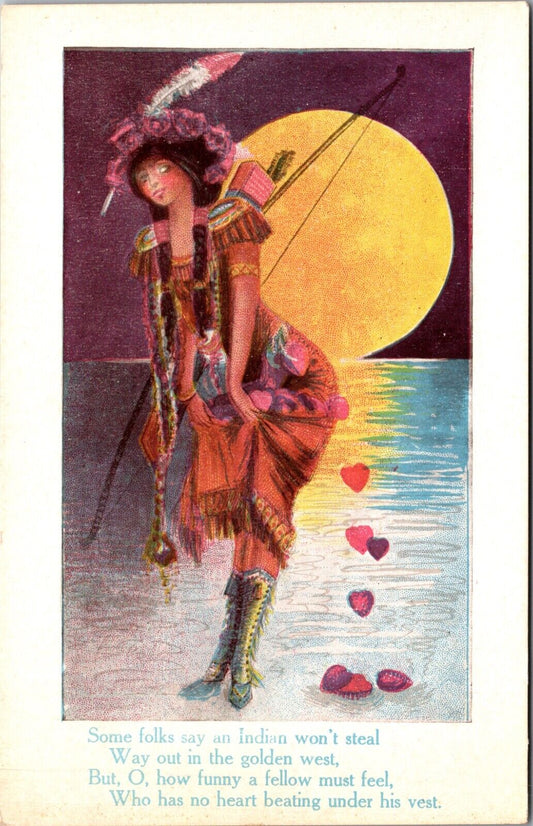 Valentine PC Indian Woman Large Bow and Arrows Moonlight Hearts Golden West