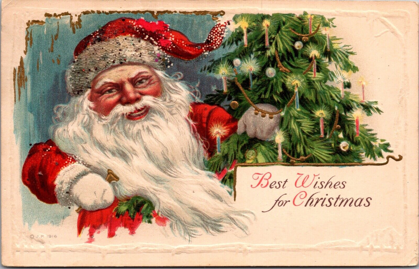 1916 Glitter Beaded Christmas Postcard Santa Claus with Candlelit Tree