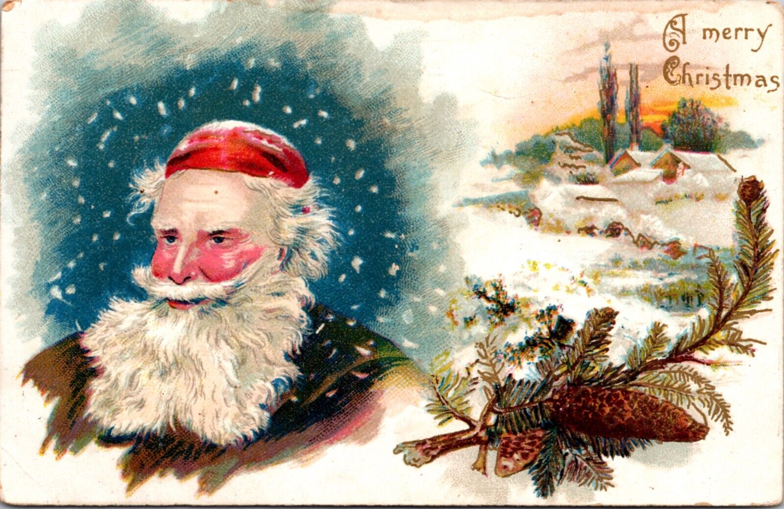 1908 PC Father Christmas Santa Claus Brown Suit Snowy Scene Pine Tree Branch