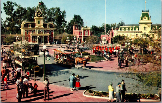 Disneyland Postcard Main Street USA Horse Pulled Trolley Double Decker Bus Band