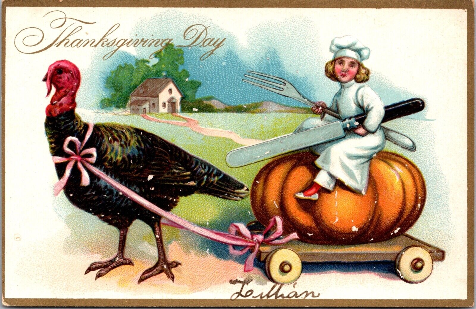 Thanksgiving PC Child Chef Riding Pumpkin Pulled by Turkey Giant Silverware