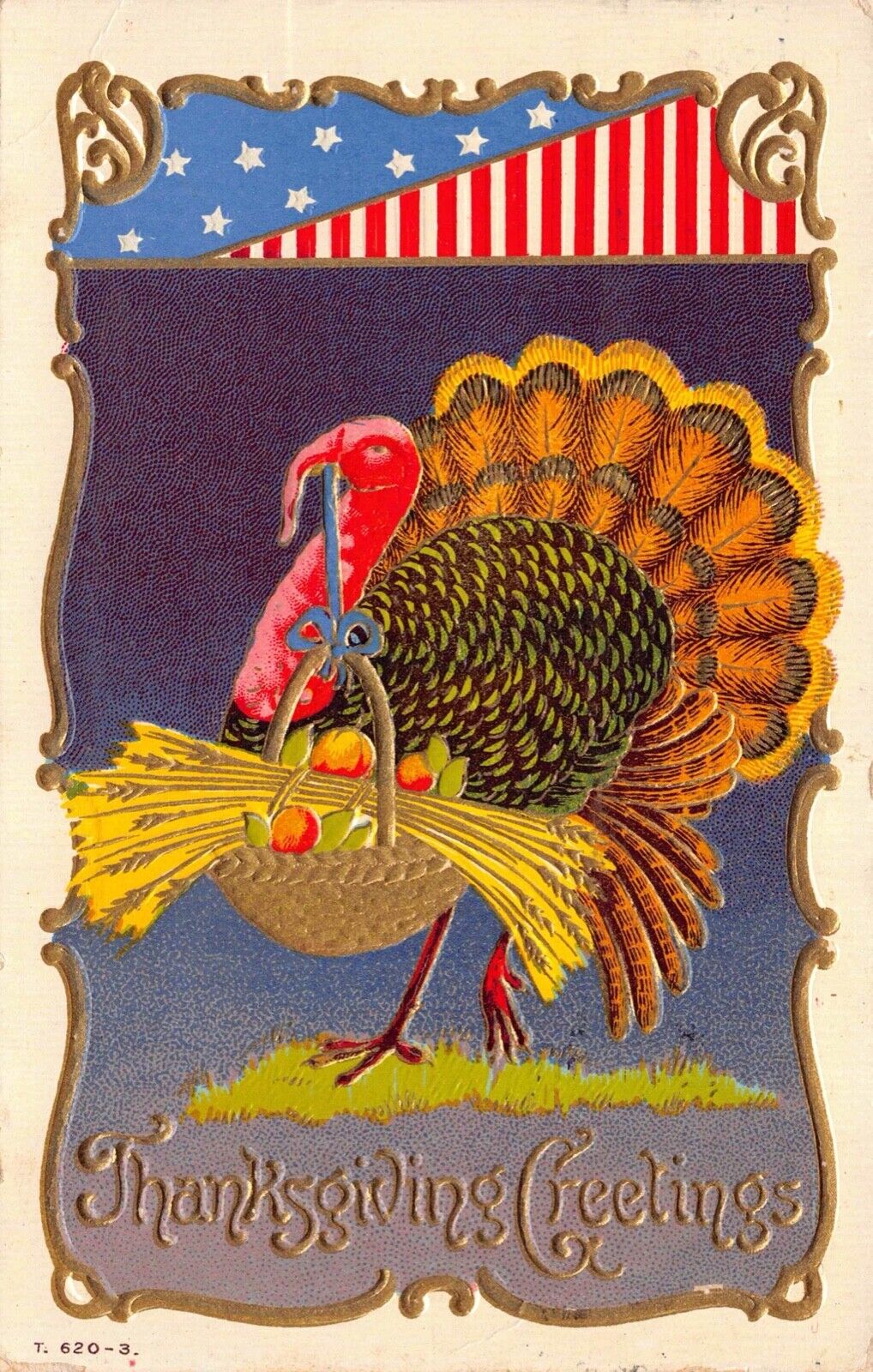 Thanksgiving Postcard Patriotic Turkey Carrying Basket of Wheat and Fruit~127178