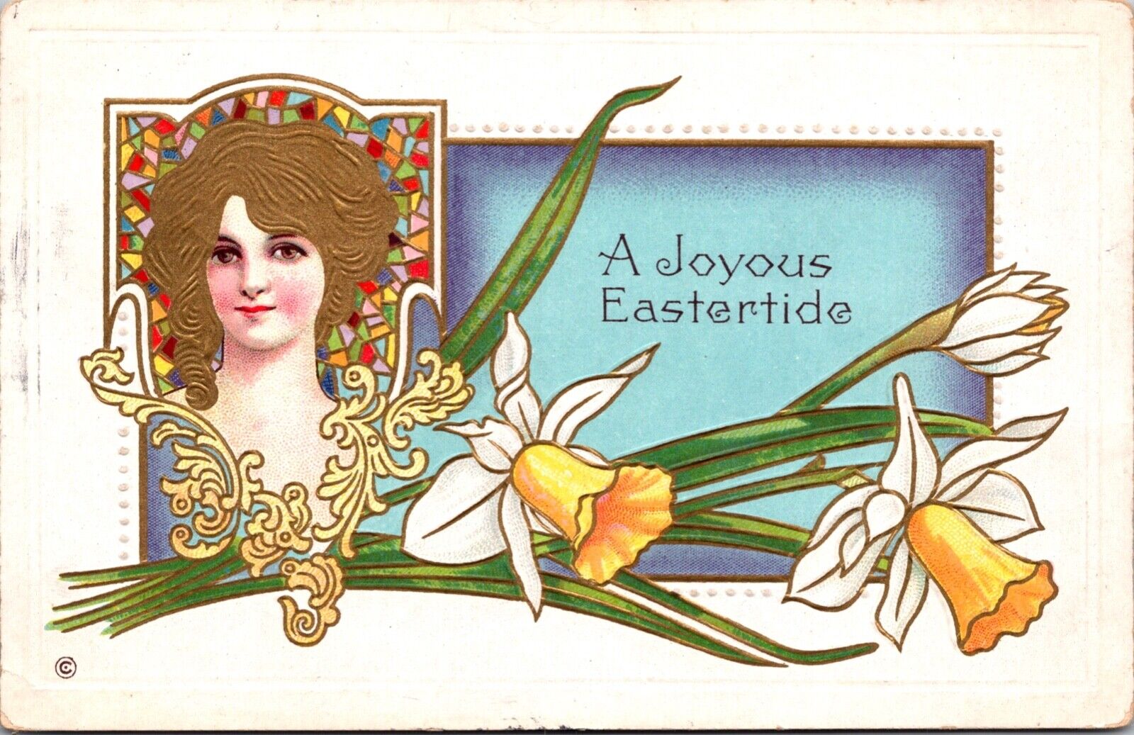 Two Embossed Easter Postcards Art Deco Women Stained Glass Lily Daffodil Flowers