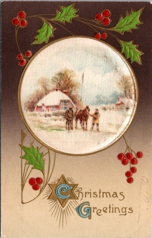 Winsch Silk Christmas Postcard Snowy Country Scene Man and Horses, Holly