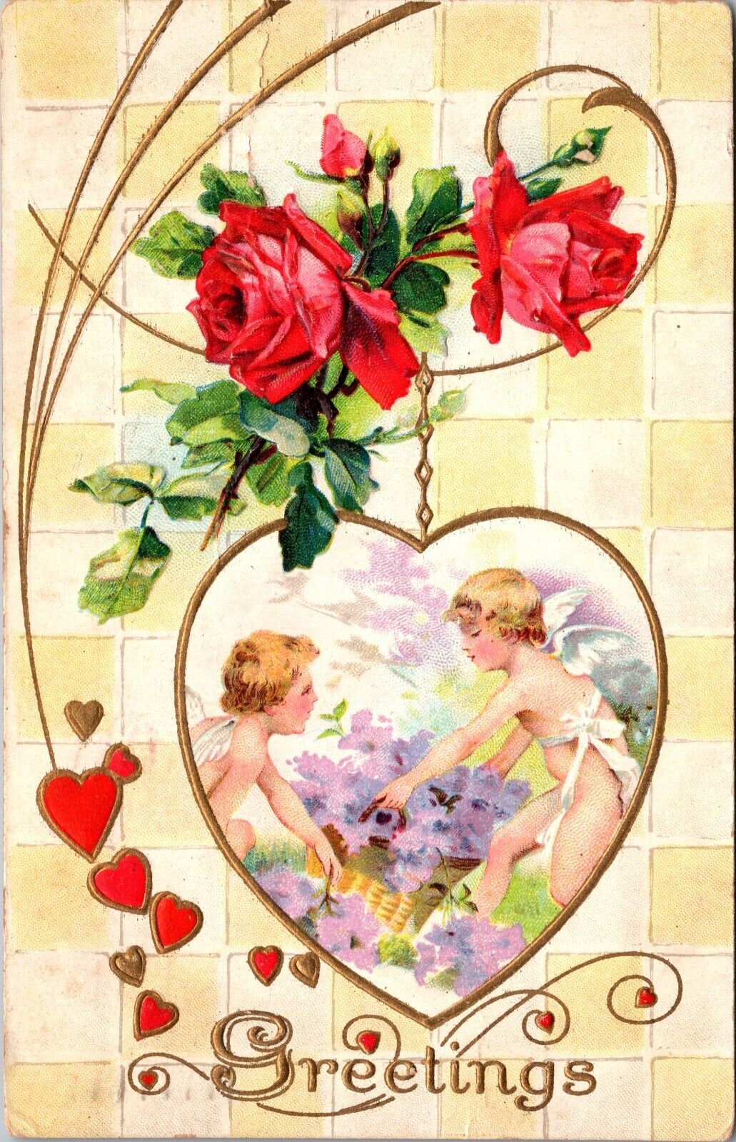 Valentine Postcard Cupid Cherubs with Basket of Purple Flowers, Red Roses