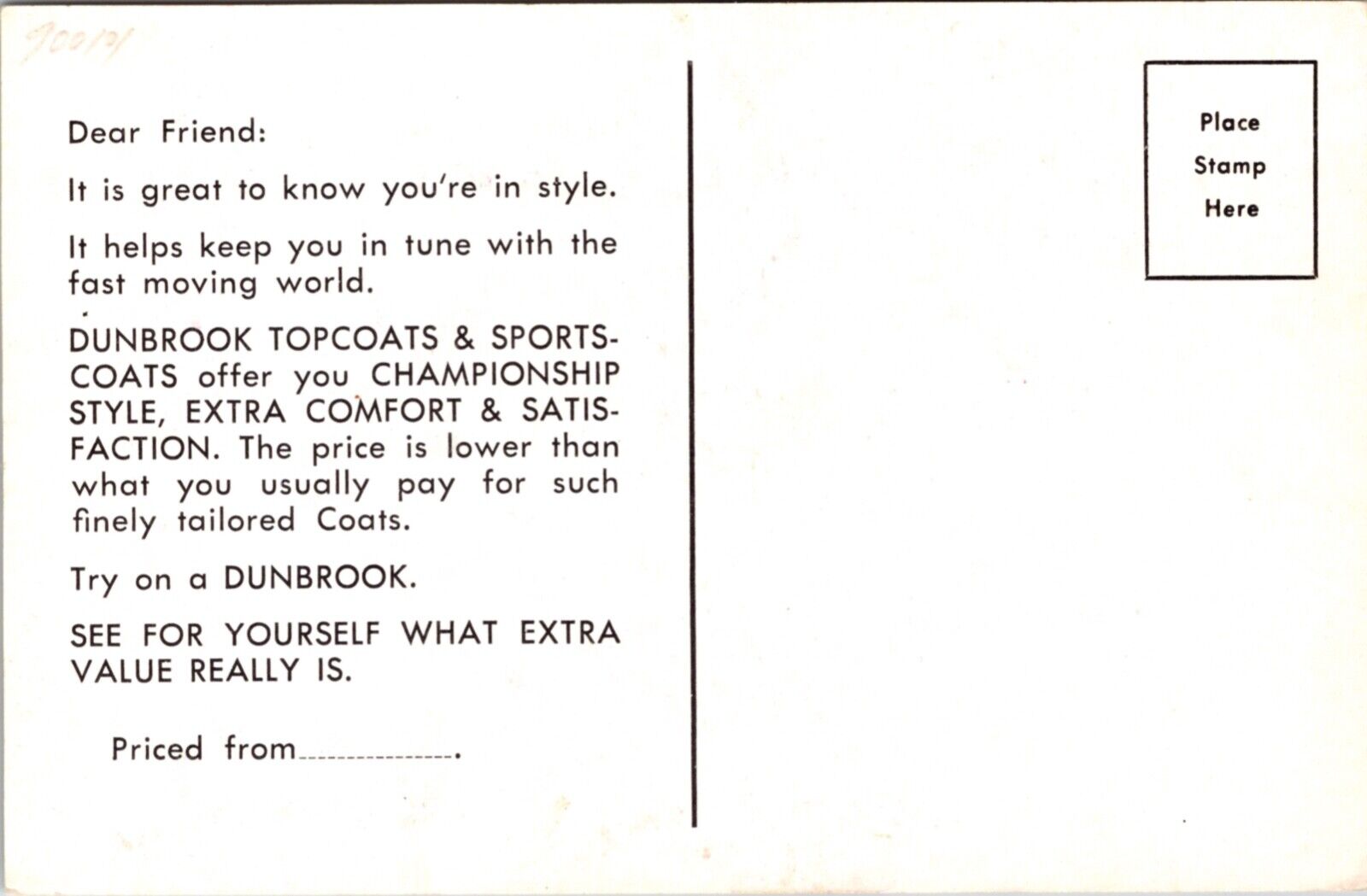 Advertising Postcard Dunbrook Topcoats and Sportcoats Champions of Style