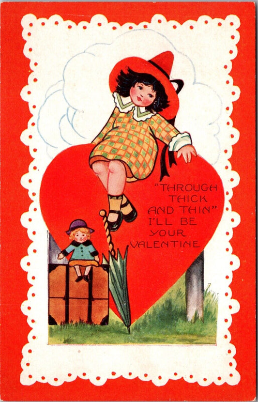 Valentine Postcard Little Girl Sitting on a Giant Heart, Poem and Doll~3540