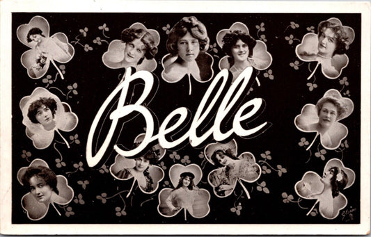 RPPC Large Letter Greetings of the Name Belle Women's Faces Clovers Shamrocks