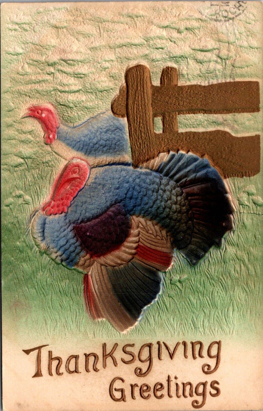 Airbrushed Thanksgiving Postcard Turkey's in a Field