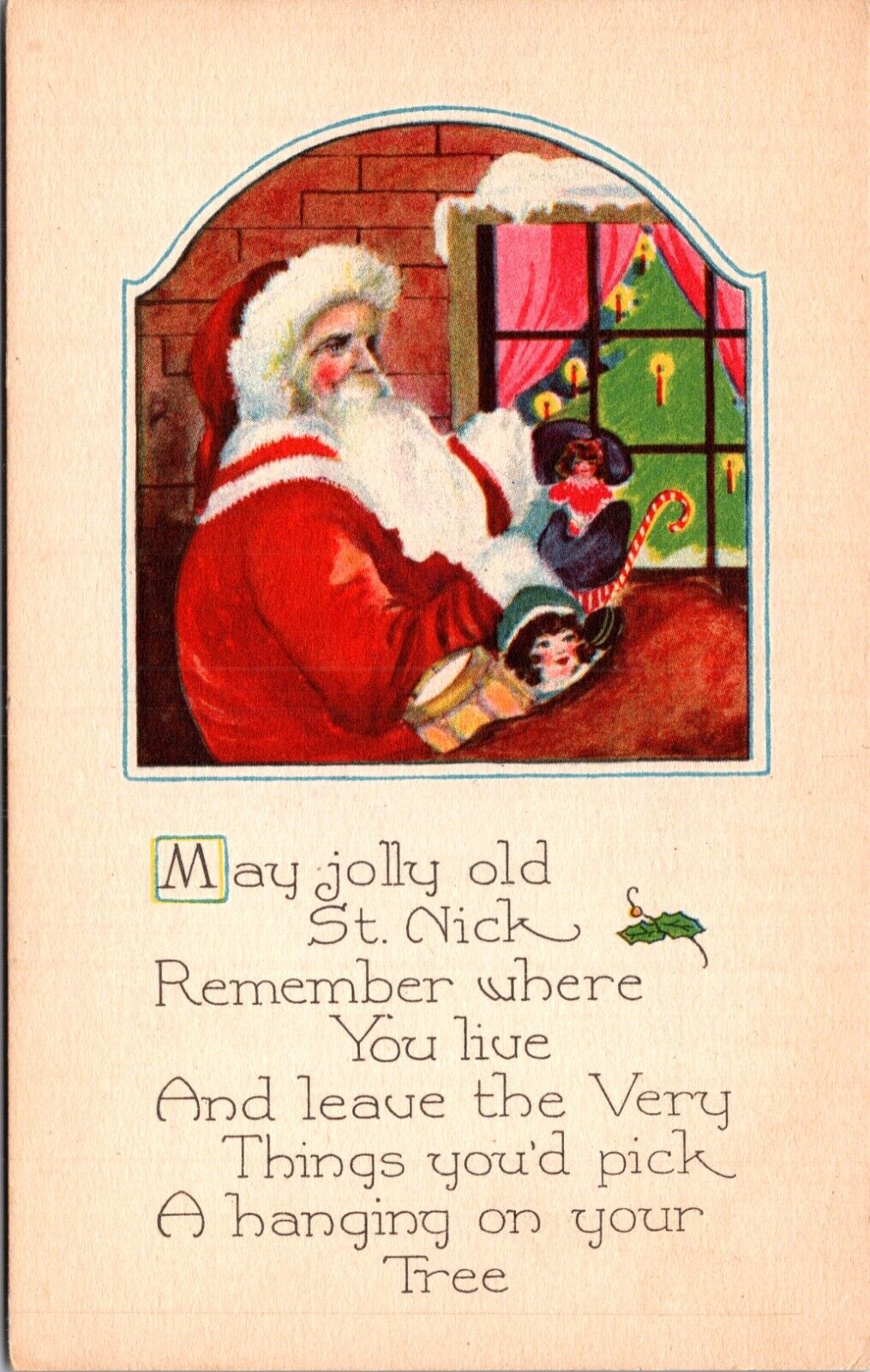 Christmas PC Jolly Old St. Nick Santa Claus Looking Thru Window Candlelit Tree