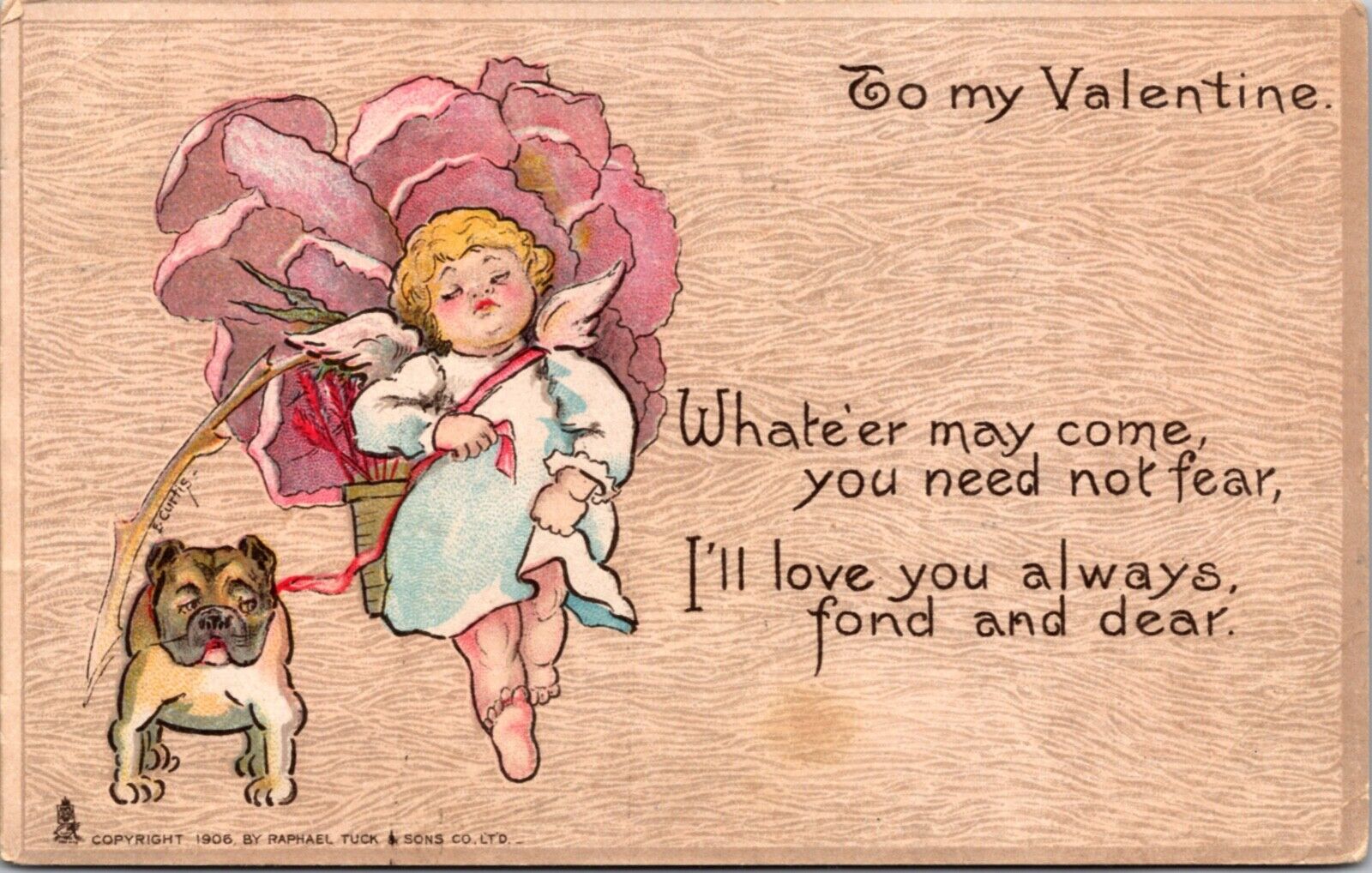 1906 Valentine PC Cherub Angel Sleeping on Potted Flower Plant Dog on a Leash