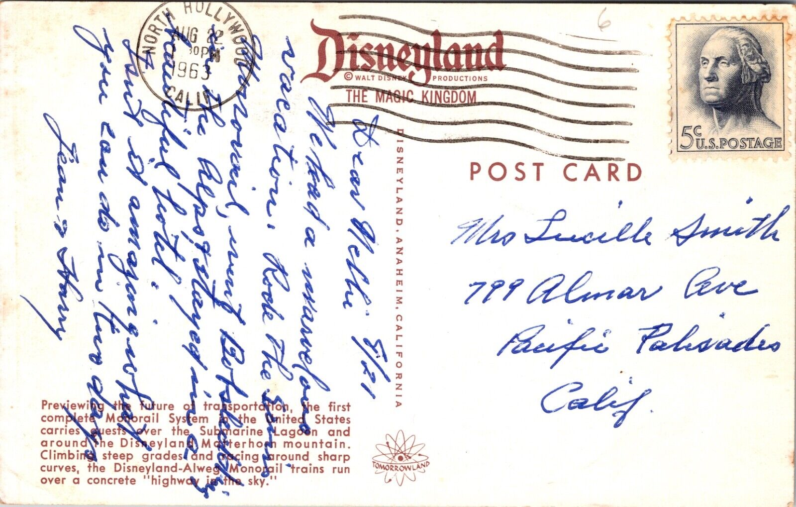 Disneyland Postcard Monorail, Submarine Ride, Matterhorn Mountain Tomorrowland