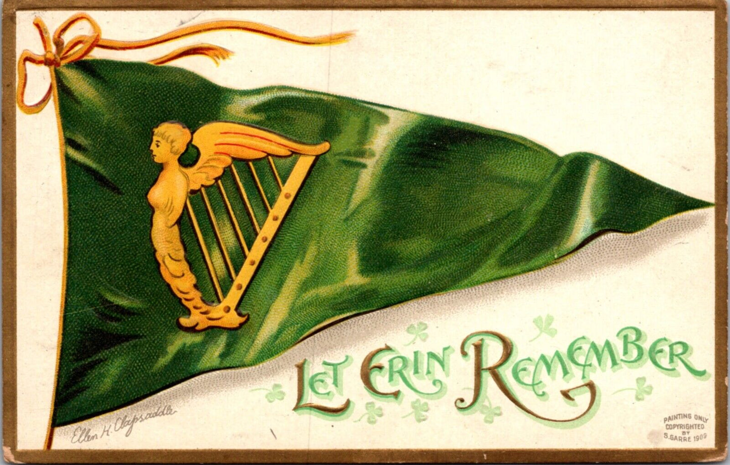 Clapsaddle St. Patrick's Day Postcard Irish Flag Let Eric Remember Celtic Harp