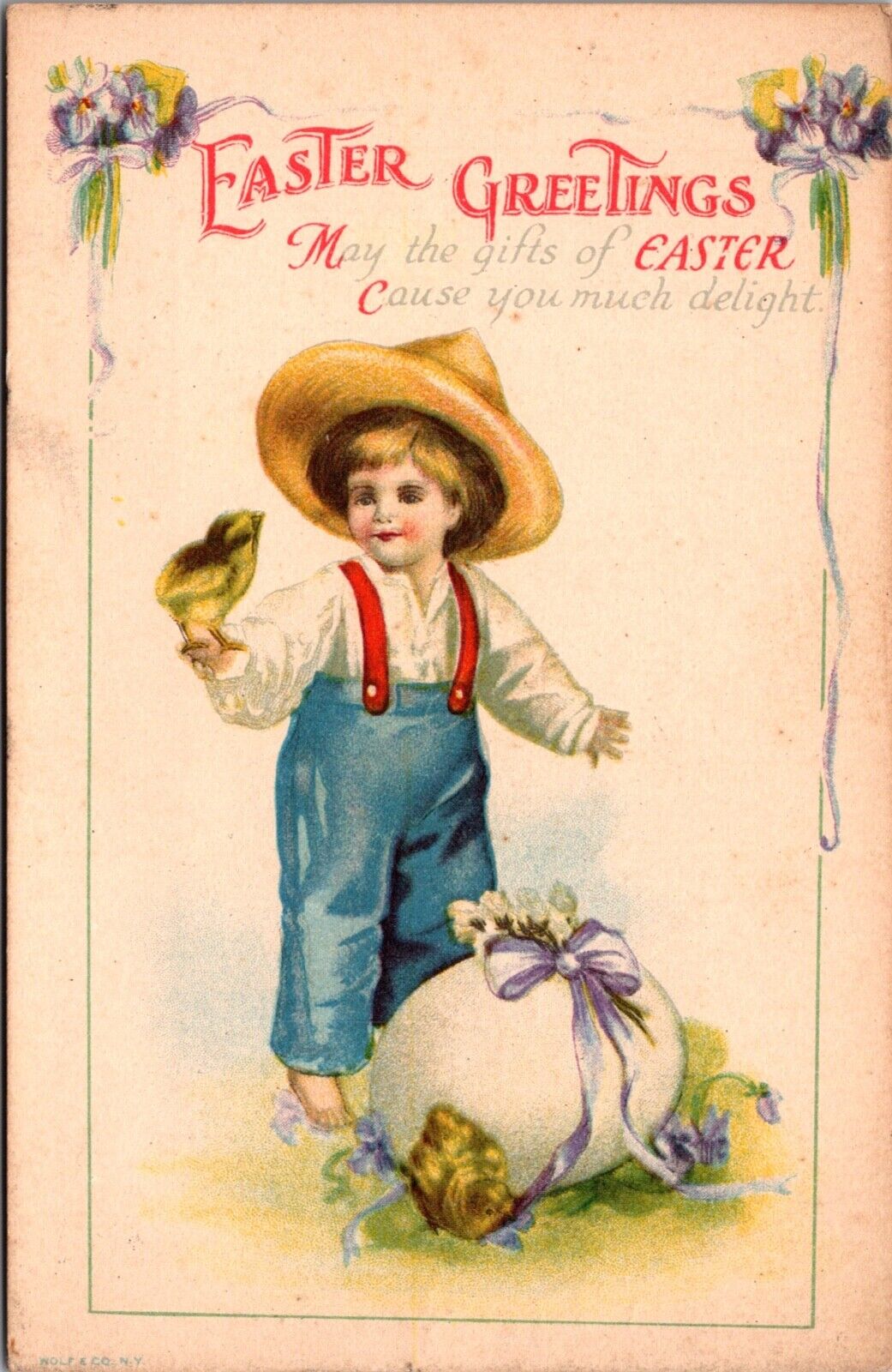 Easter Postcard Little Boy Holding a Chick with Large Egg and Flowers