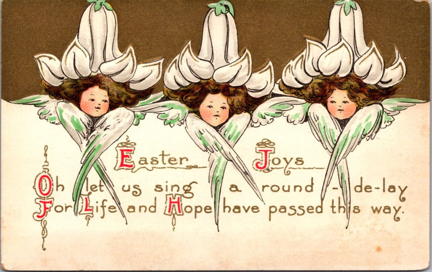 Easter Postcard Children's  Faces with Angel Wings and Flower Hats