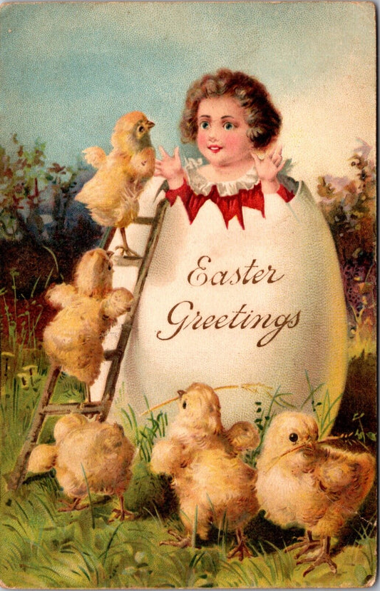 Easter Greetings Postcard Child Breaking Out of Eggshell Chicks on Ladder