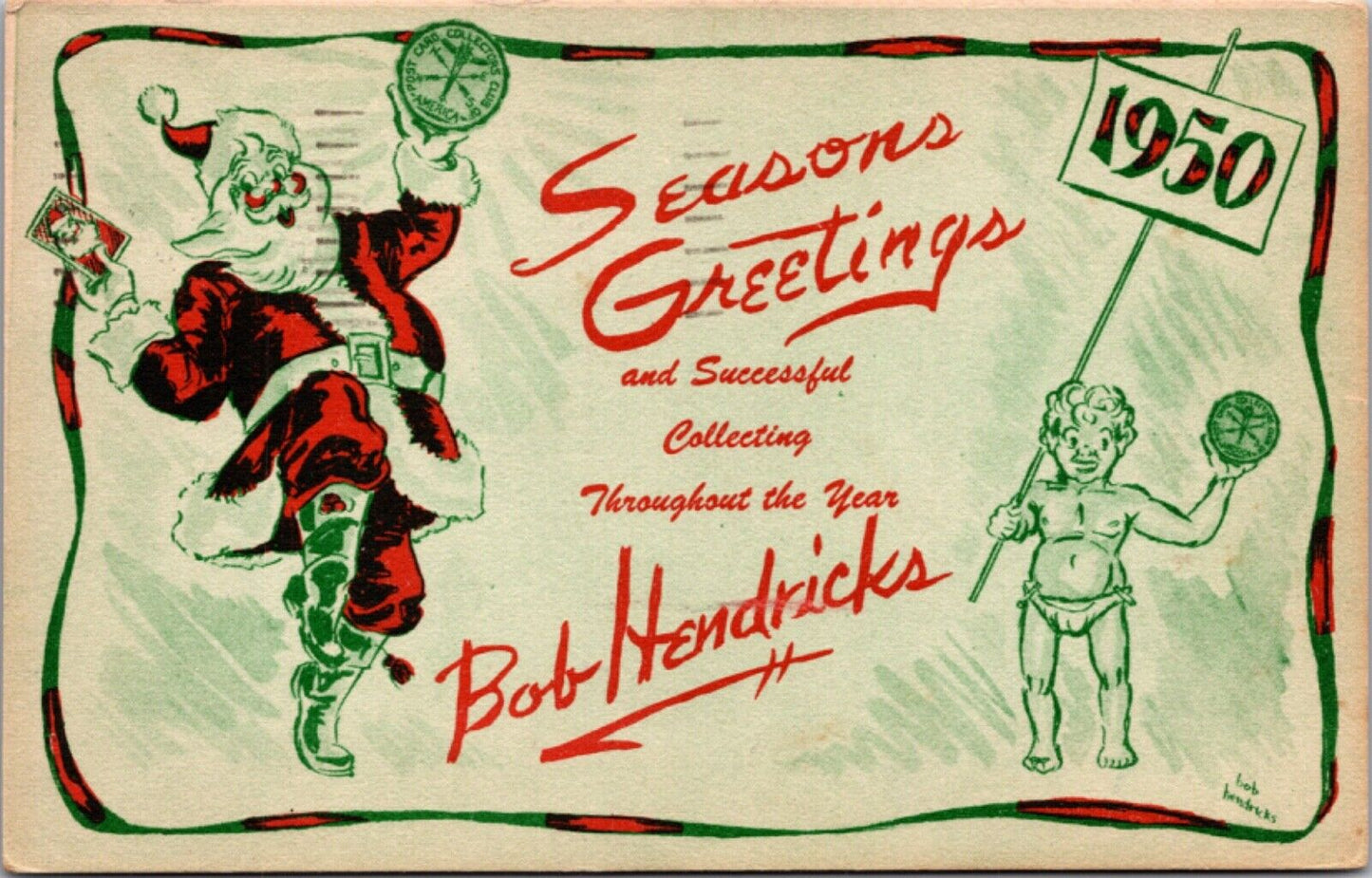 1950 Christmas Post Card Collectors Club America Seasons Greetings Bob Hendricks