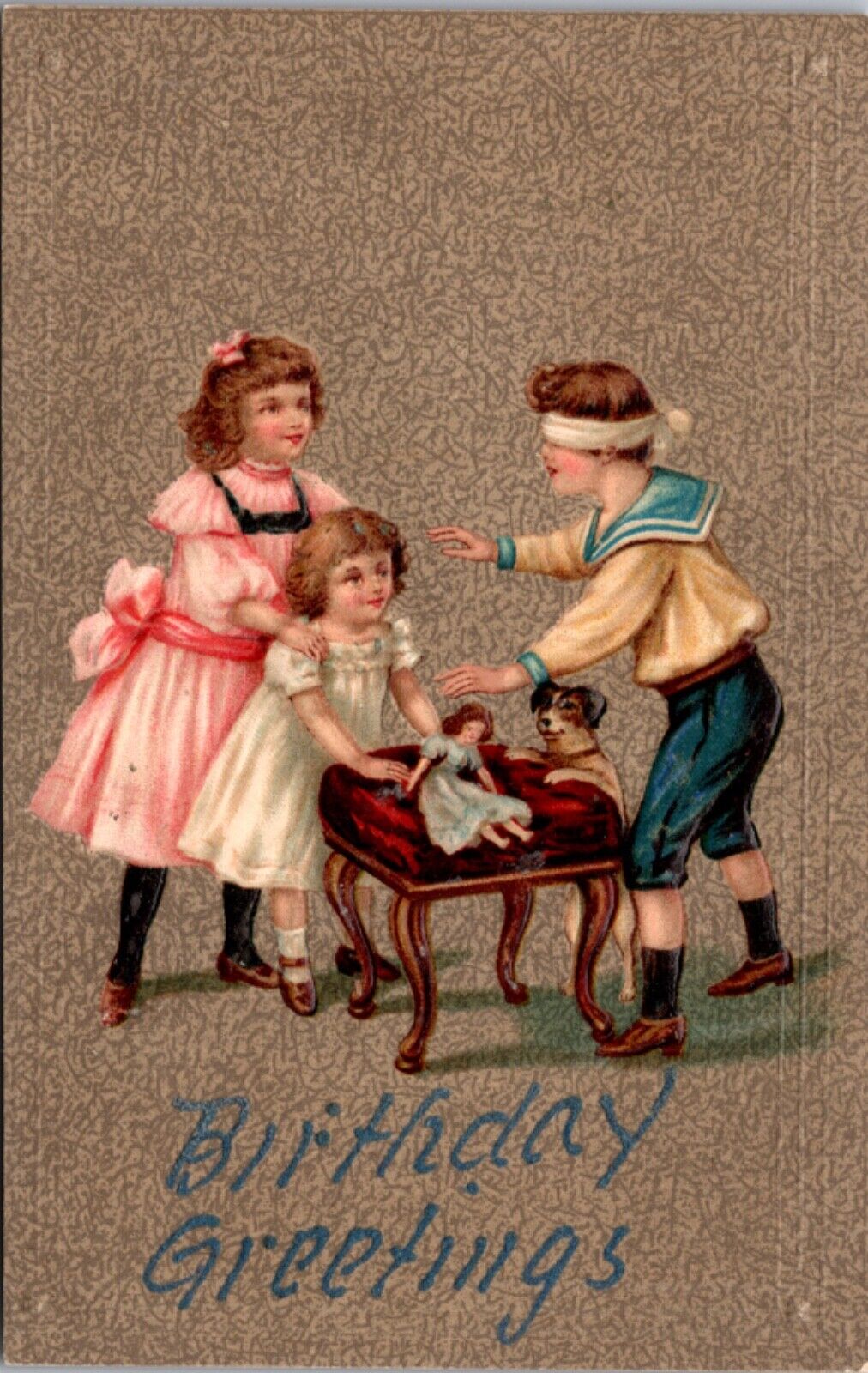 Birthday Greetings Postcard Blindfolded Sailor Dressed Boy Dog Doll Little Girls