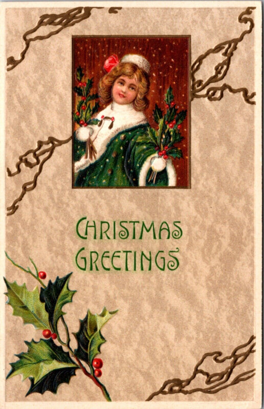 Christmas Postcard Young Girl Dressed in Green Fur Coat in the Snow, Holly