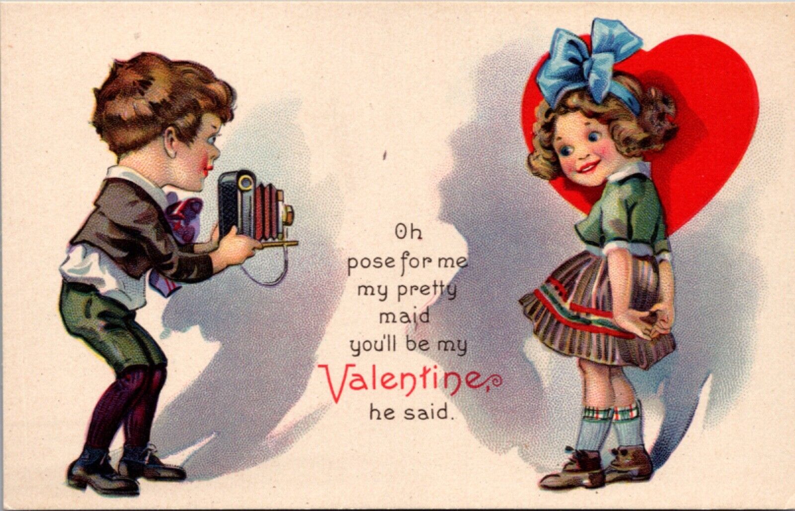 Valentine's Day Artwork Postcard Boy Taking a Photo of Girl In Front of a Heart