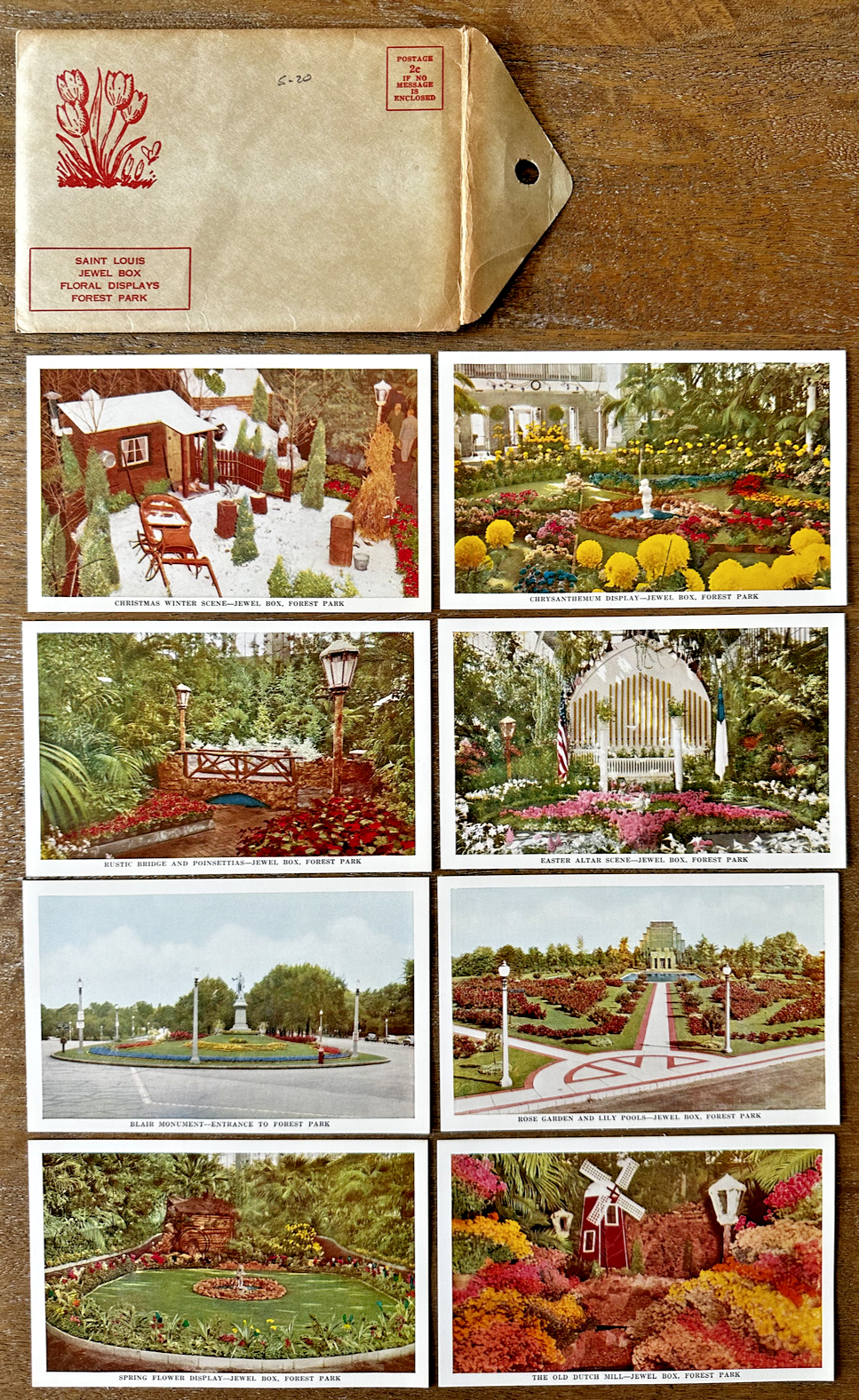 8 Postcards & Envelope Floral Display Jewel Box Forest Park Saint Louis Missouri